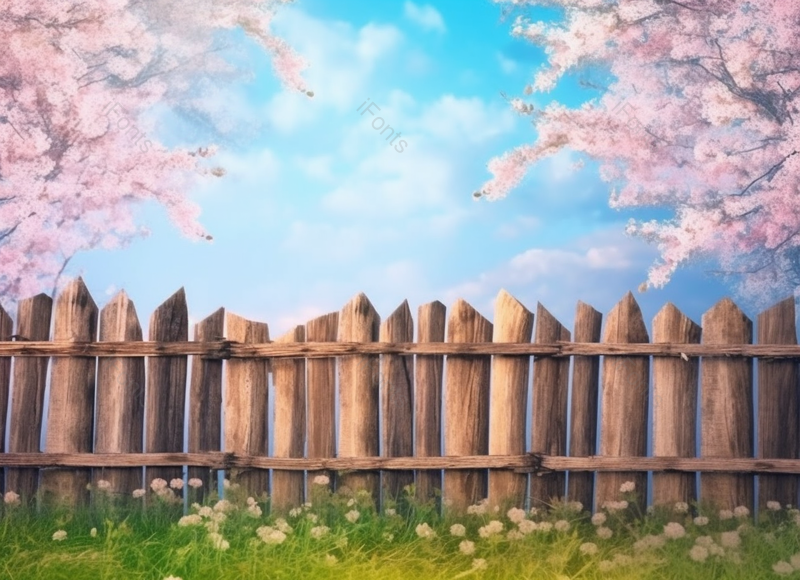 后院的木制花园栅栏和春天开花的树,插画/手绘图,插画/手绘图库,插画/手绘图下载,插画/手绘